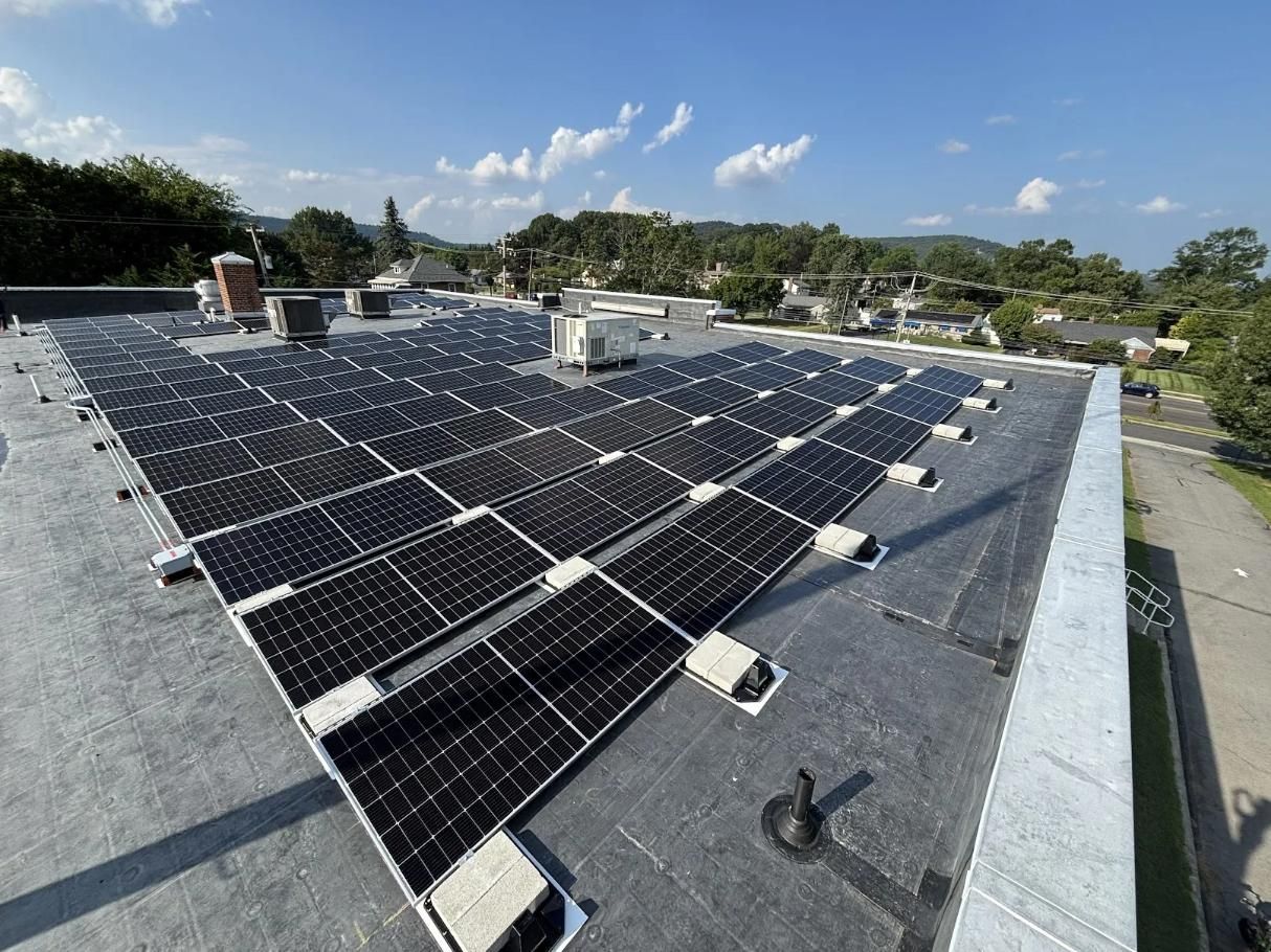 Solar panels installed on a flat commercial roof under a blue sky, surrounded by trees.