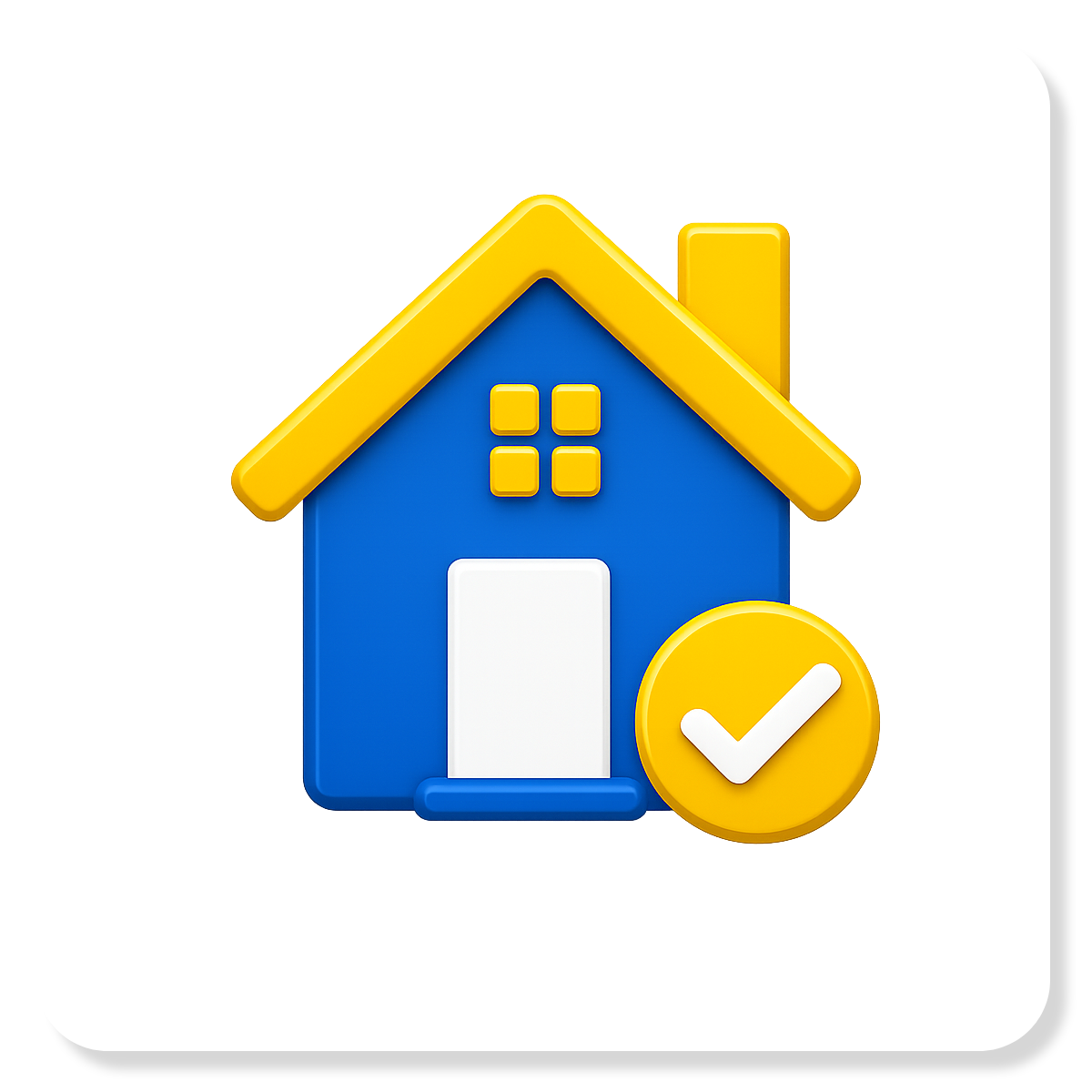 Blue house icon with yellow roof and checkmark badge on a white background