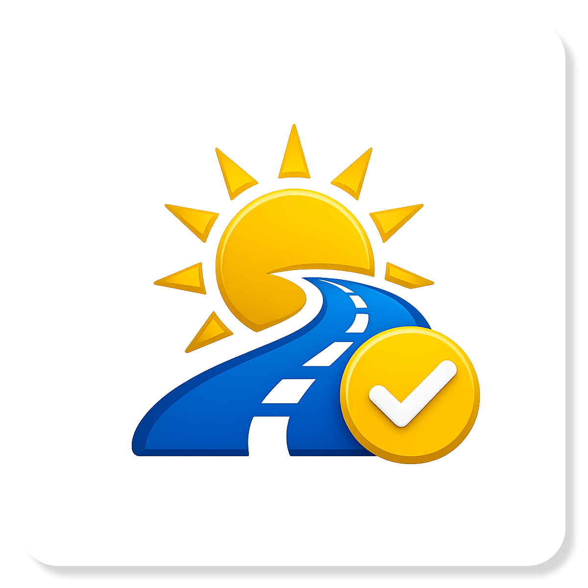 Blue road winding under a yellow sun, with a checkmark badge icon