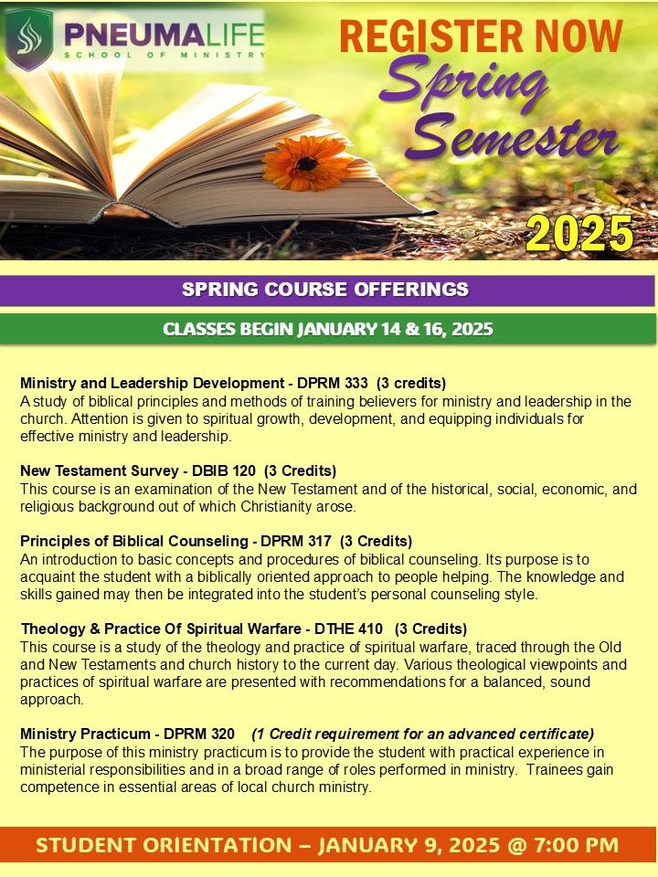 A flyer for a fall semester with a bible and leaves on it.