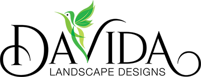 A logo for davida landscape designs with a hummingbird and leaves.