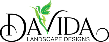 A logo for davida landscape designs with a hummingbird and leaves.