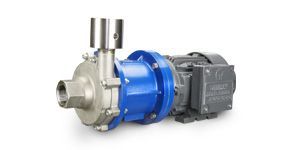 a stainless steel SR Alloy Centrifugal pump with a blue motor attached to it .