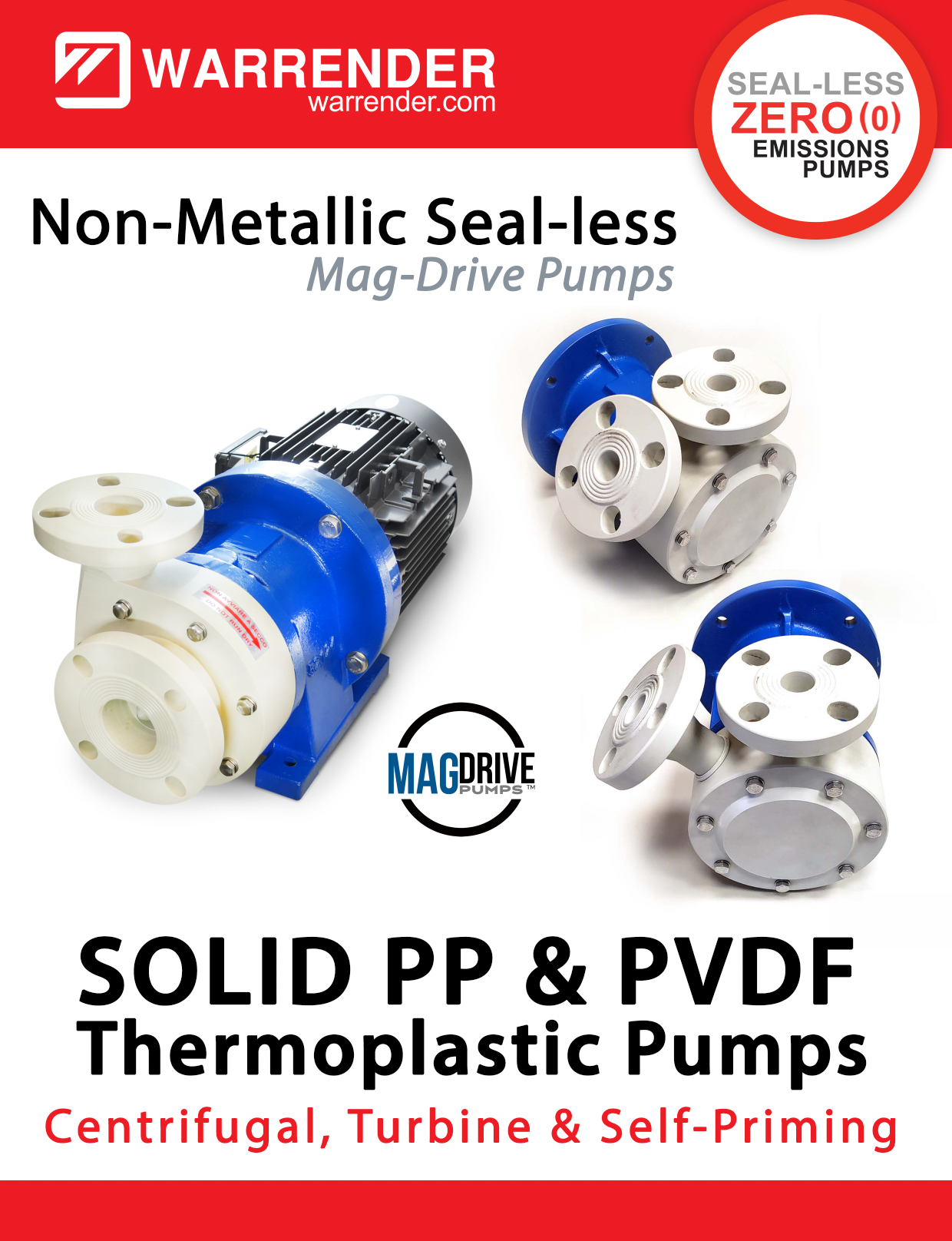 Warrender brochure for non-metallic seal-less mag-drive pumps, showing blue and white solid PP & PVDF thermoplastic pumps.