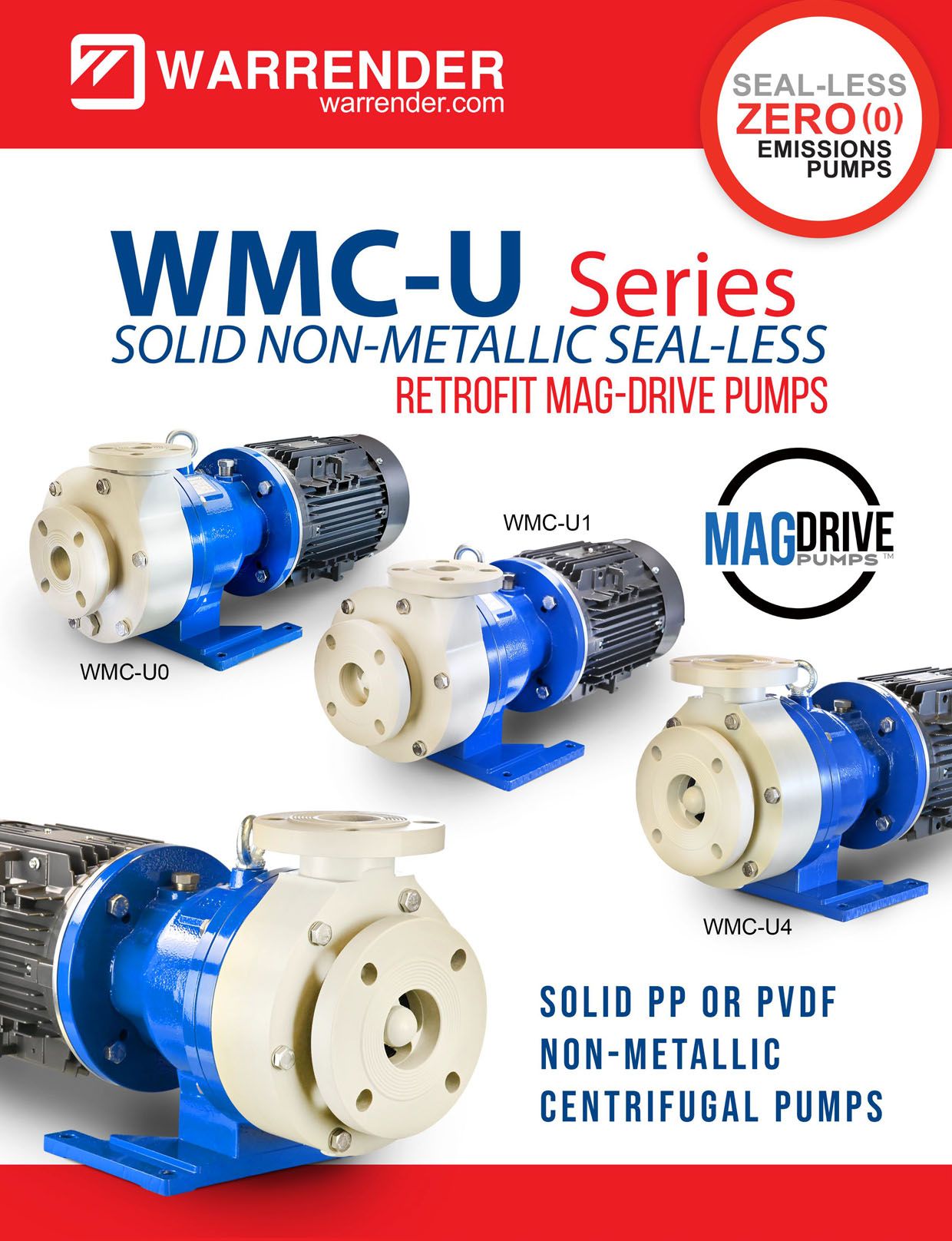 Warrender WMC-U brochure for non-metallic seal-less mag-drive pumps, showing blue and white solid PP & PVDF thermoplastic pumps.
