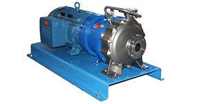 a stainless steel ANSI, ISO, API Alloy Centrifugal pump with a motor attached to it .