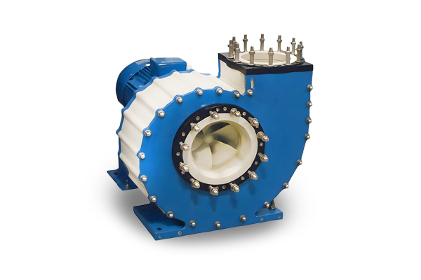 A white pump with a blue motor attached to it on a white background.