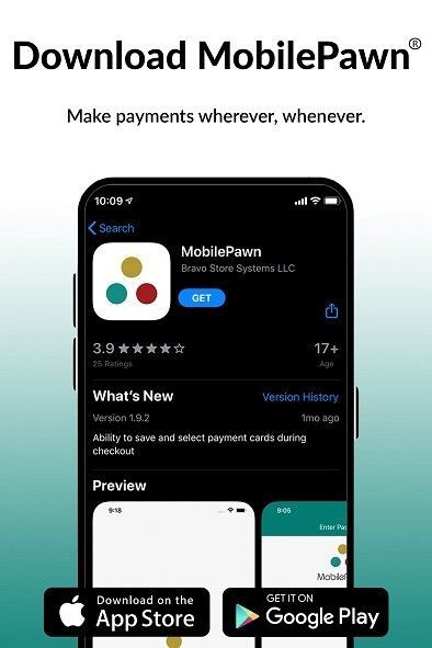 Promotional graphic for the MobilePawn app, featuring an App Store listing view and download buttons for iOS and Android.