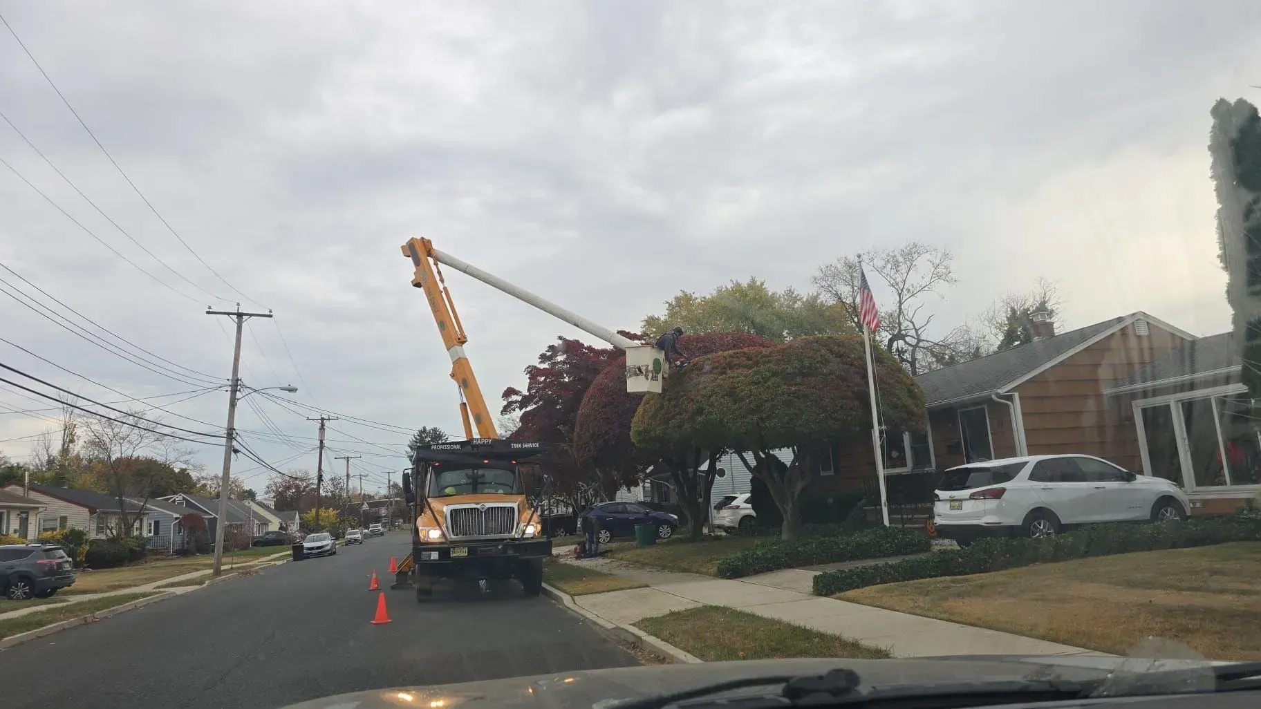 A tree trimming truck with an extended boom trimming a tree on a residential street under an overcast sky.