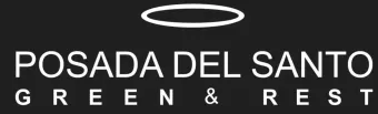 Logotipo de “Posada del Santo Green & Rest” en texto blanco con un icono de halo sobre un fondo oscuro.