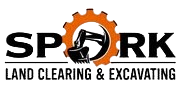 Logo for Spark Land Clearing & Excavating, featuring a black excavator icon inside an orange gear, with black text below.