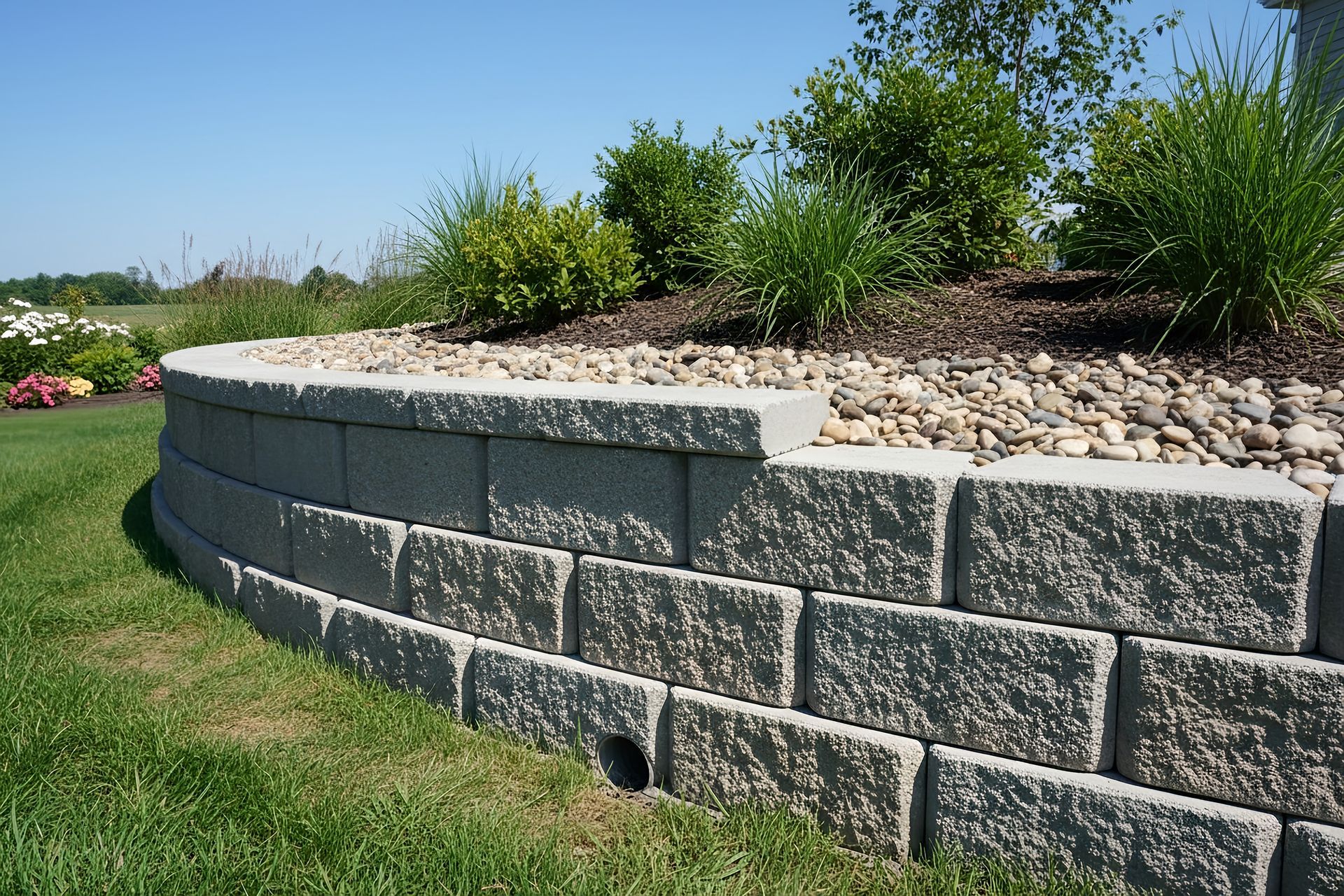 A curved gray concrete retaining wall in a landscaped yard with rocks, shrubs, and a drainage pipe near the grass.