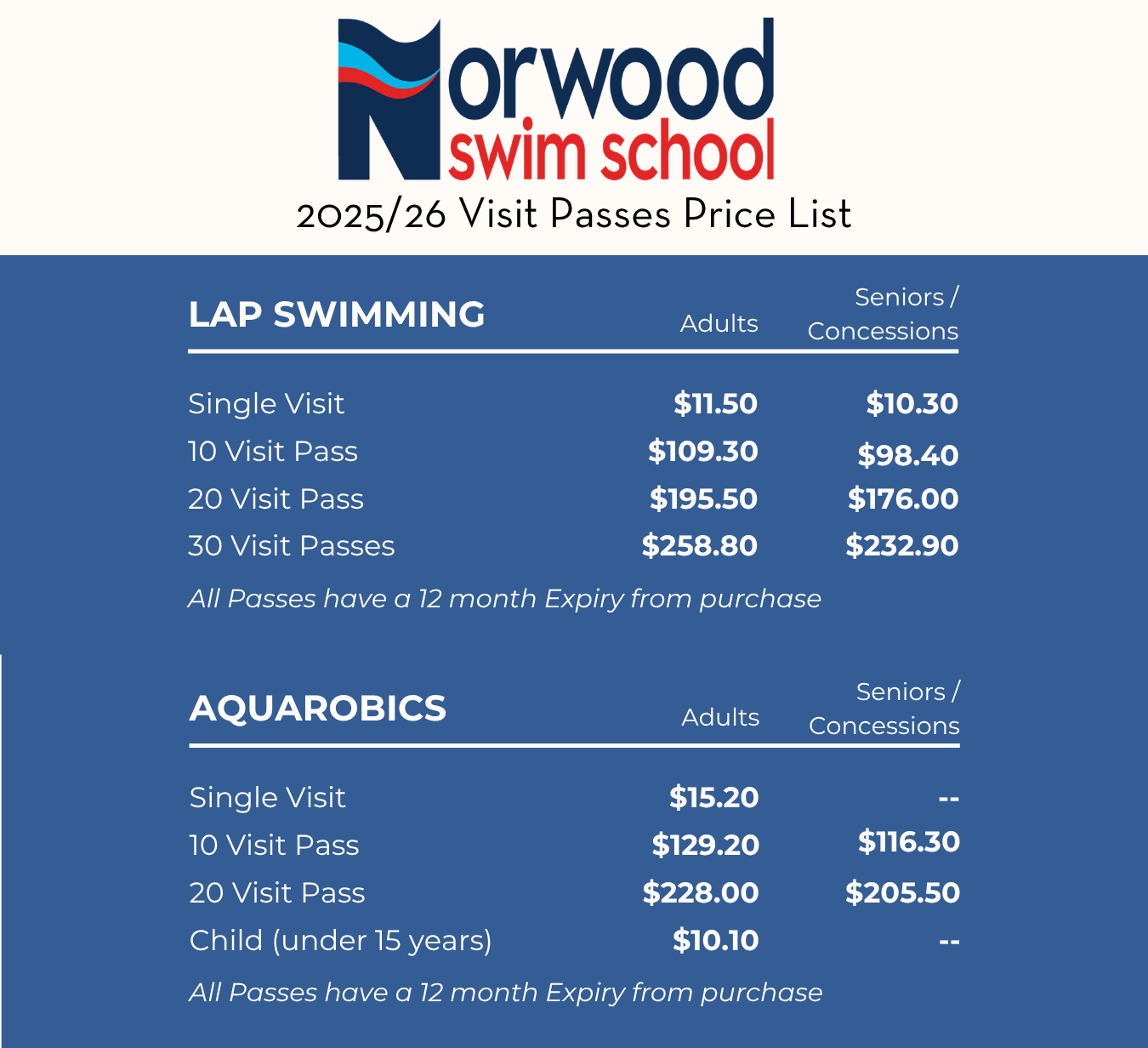 The price list for norwood swim school includes lap swimming and aquarobics