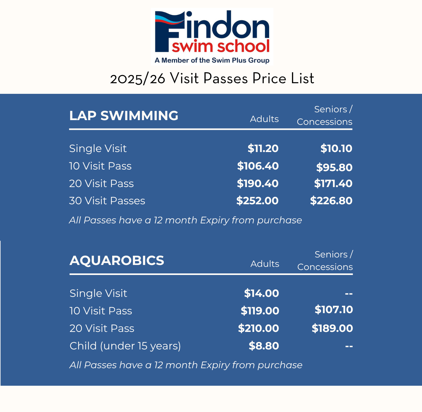 A price list for findon swim school shows prices for lap swimming and aquarobics