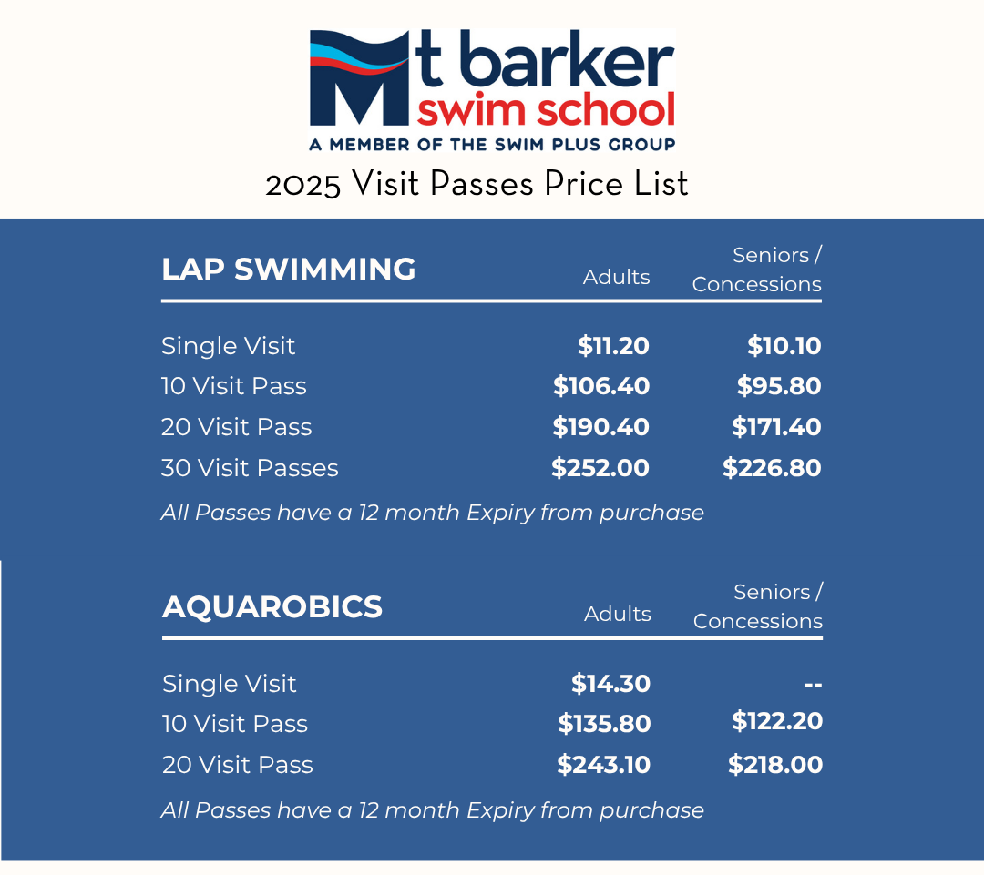A price list for swimming and aquarobics at mt barker swim school