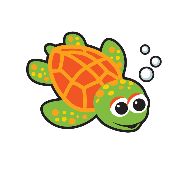 A green and orange sea turtle with bubbles around it
