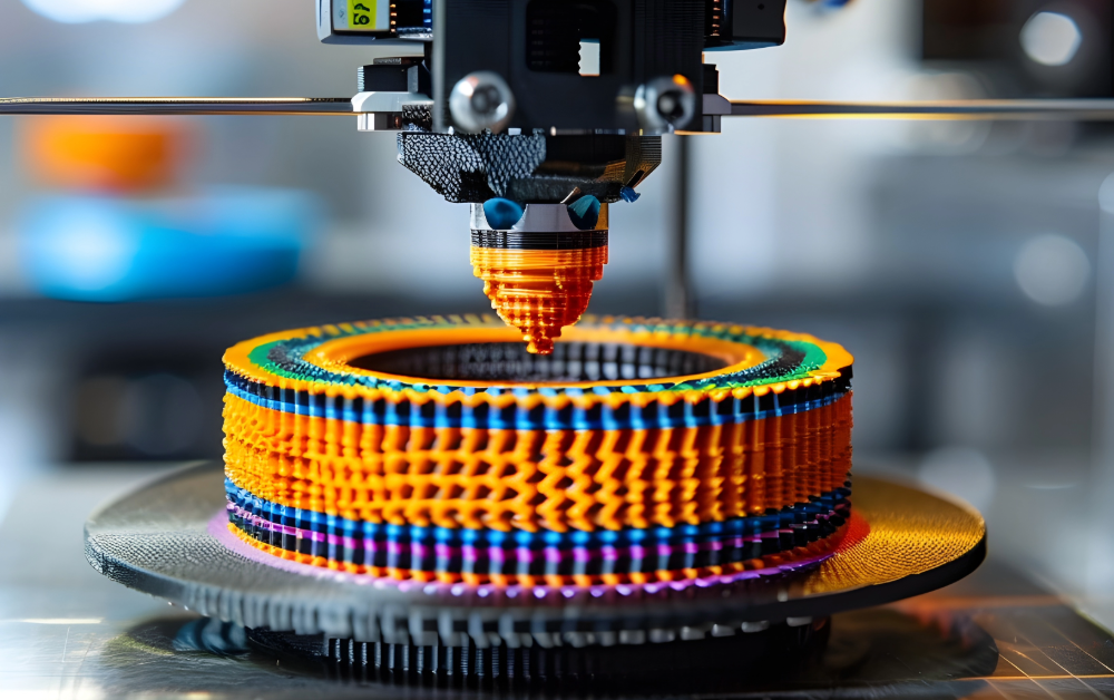 A close up of a 3d printer printing a colorful object.