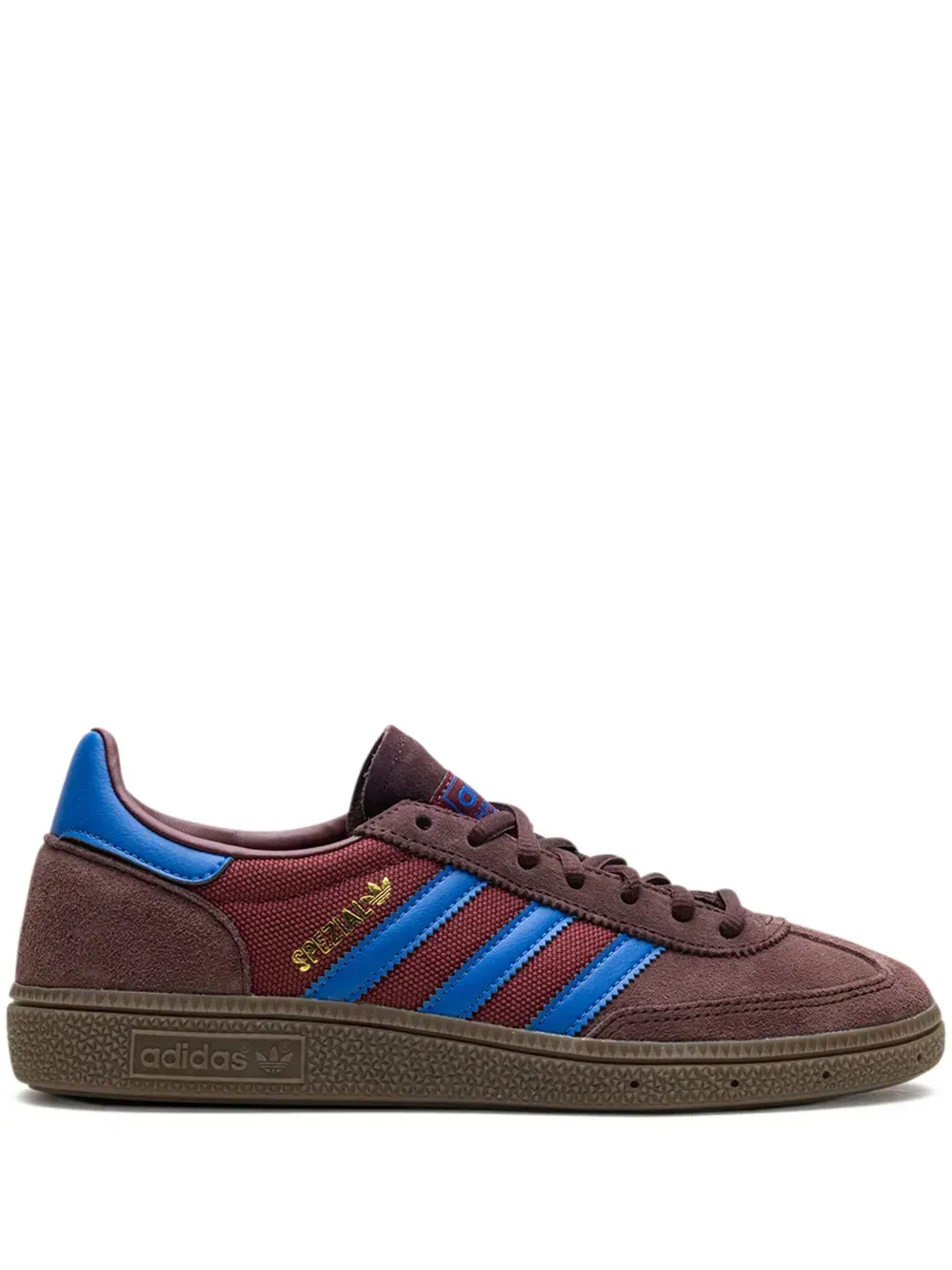 Brown Adidas Handball Spezial sneakers with blue accents.