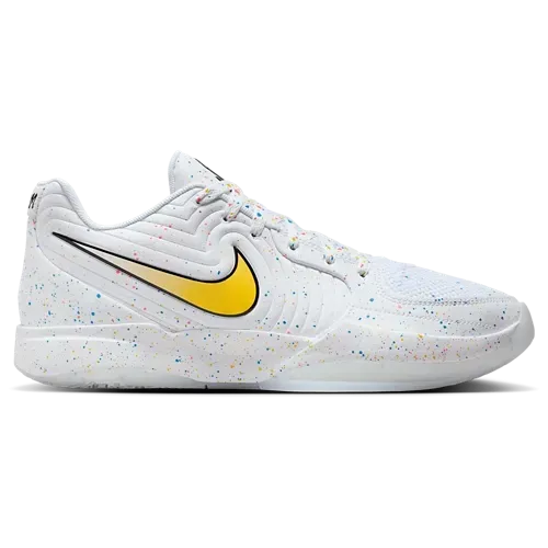 White Nike sneaker with yellow swoosh and speckled sole.