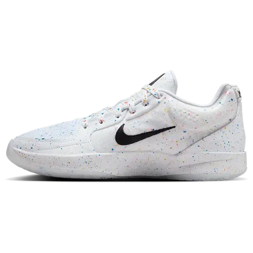 White Nike shoe with a black swoosh and multicolored speckles.