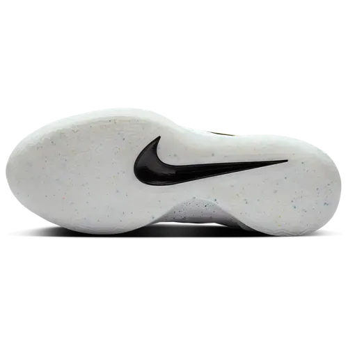 Bottom view of a white and speckled Nike sneaker with a black swoosh logo.