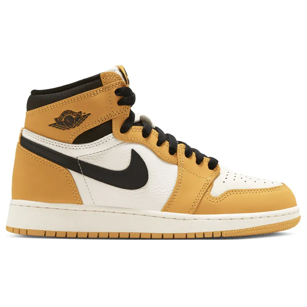 Golden yellow and white Air Jordan 1 high-top sneaker with a black swoosh and laces.