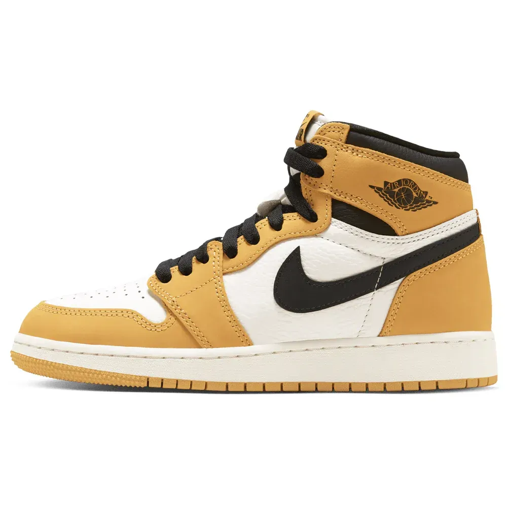 Tan, white, and black Air Jordan 1 high-top sneaker.