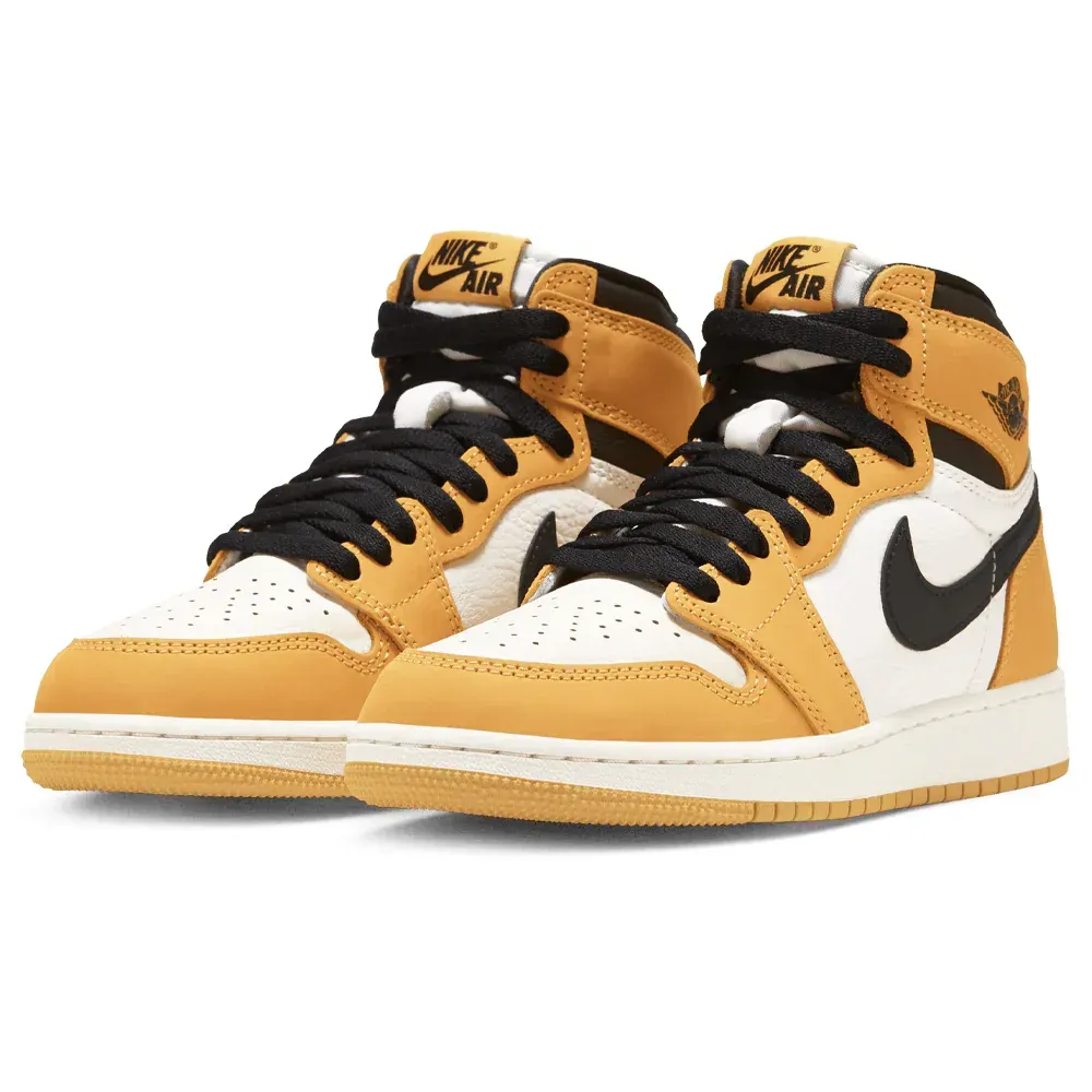 Tan, white, and black Air Jordan 1 high-top sneaker.