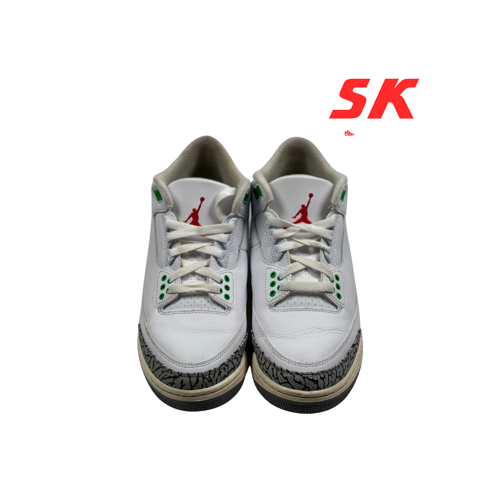 Pair of white Air Jordan 3 sneakers with red and green accents, sitting on a white background.