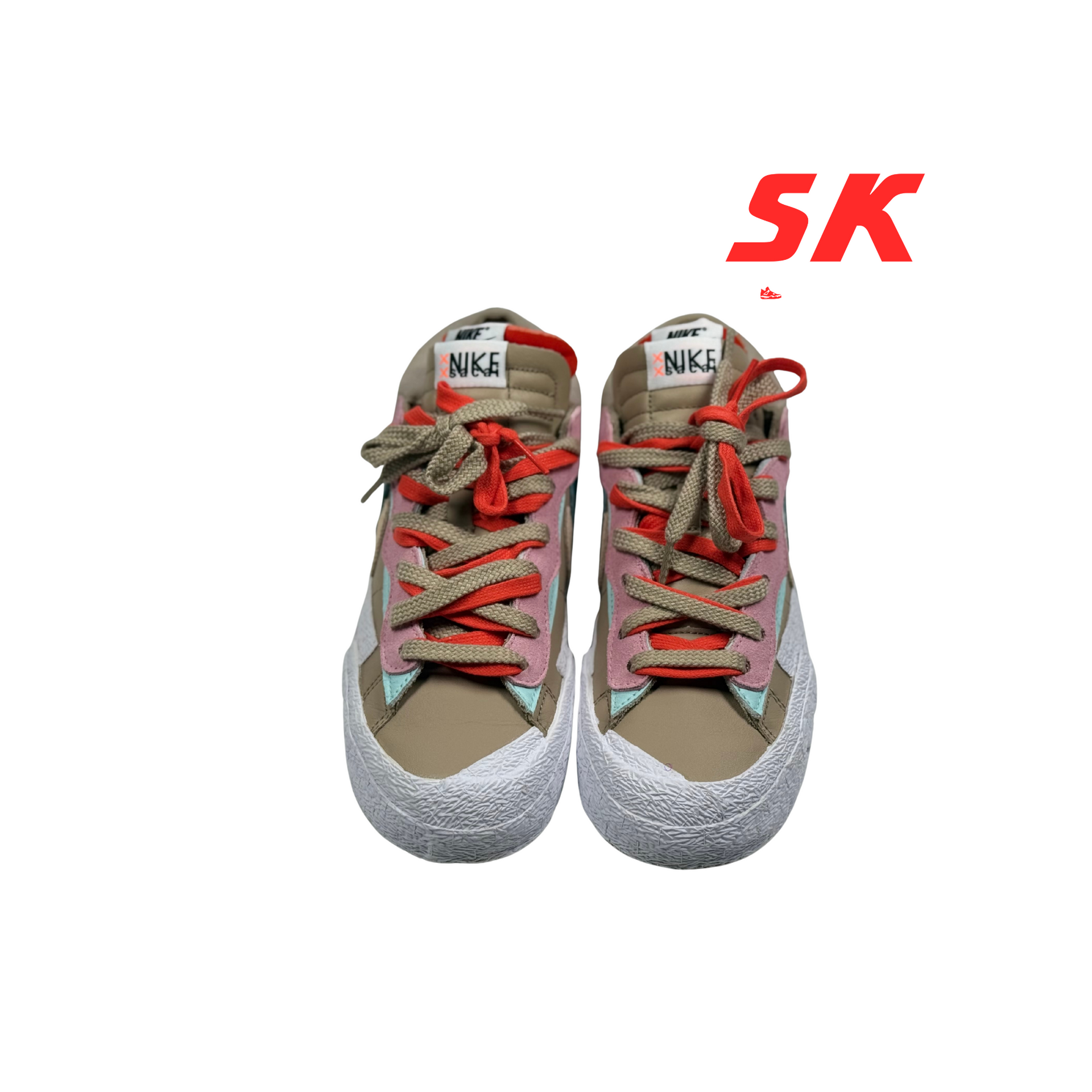 Two-tone Nike high-top sneakers with red and tan laces and a textured white sole.