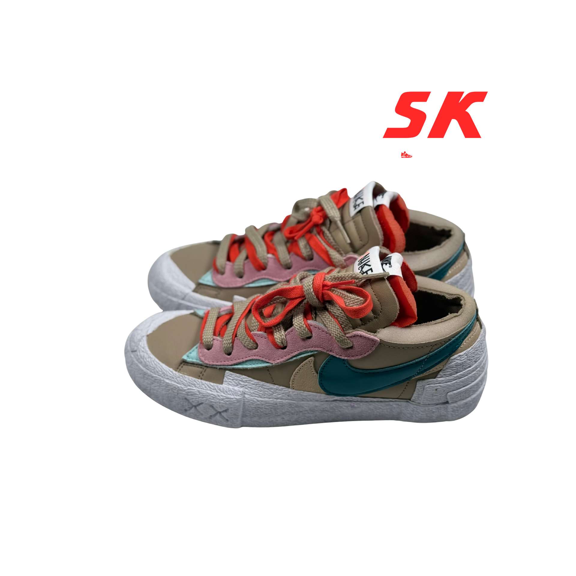 Beige and pink sneakers with teal swoosh, red laces, and a chunky sole, next to 