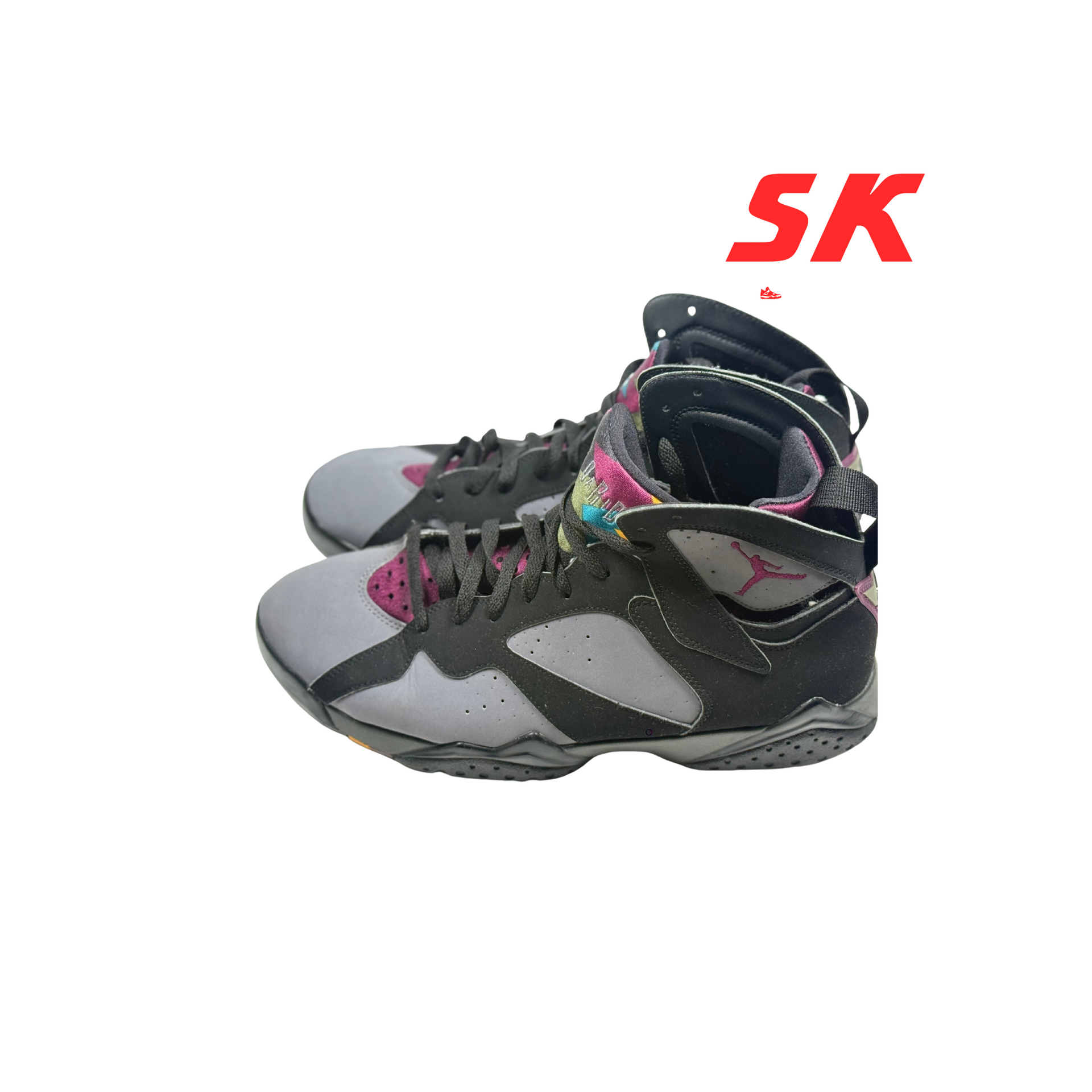 Pair of Air Jordan 7 sneakers, gray and black with pink and purple accents, SK logo visible.