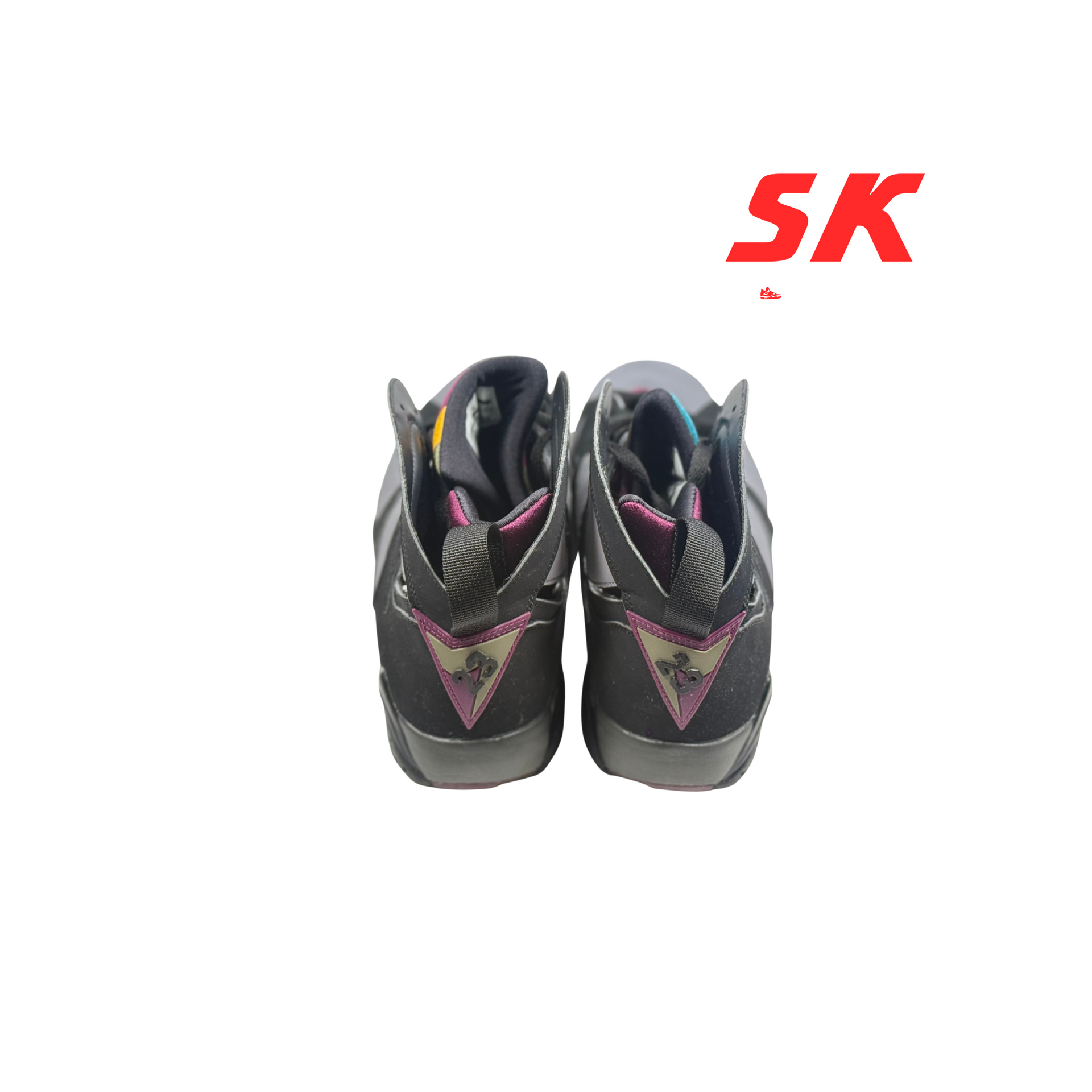 Air Jordan 7 sneakers in gray, black, and purple, set against a white background with 