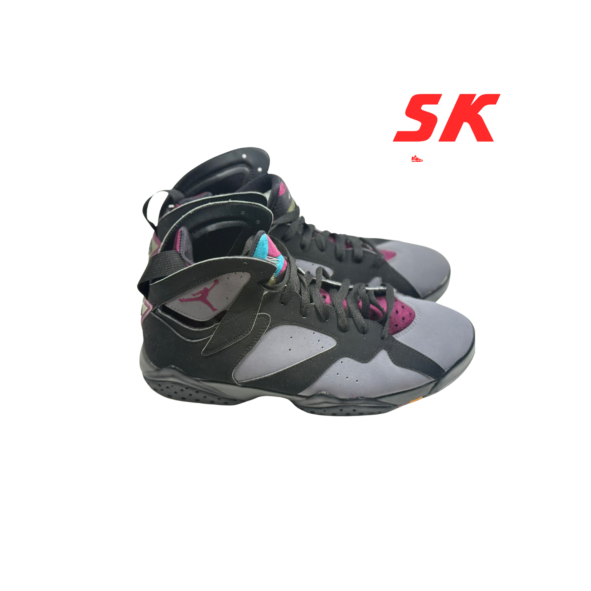 Air Jordan 7 sneakers in gray, black, and purple, set against a white background with 