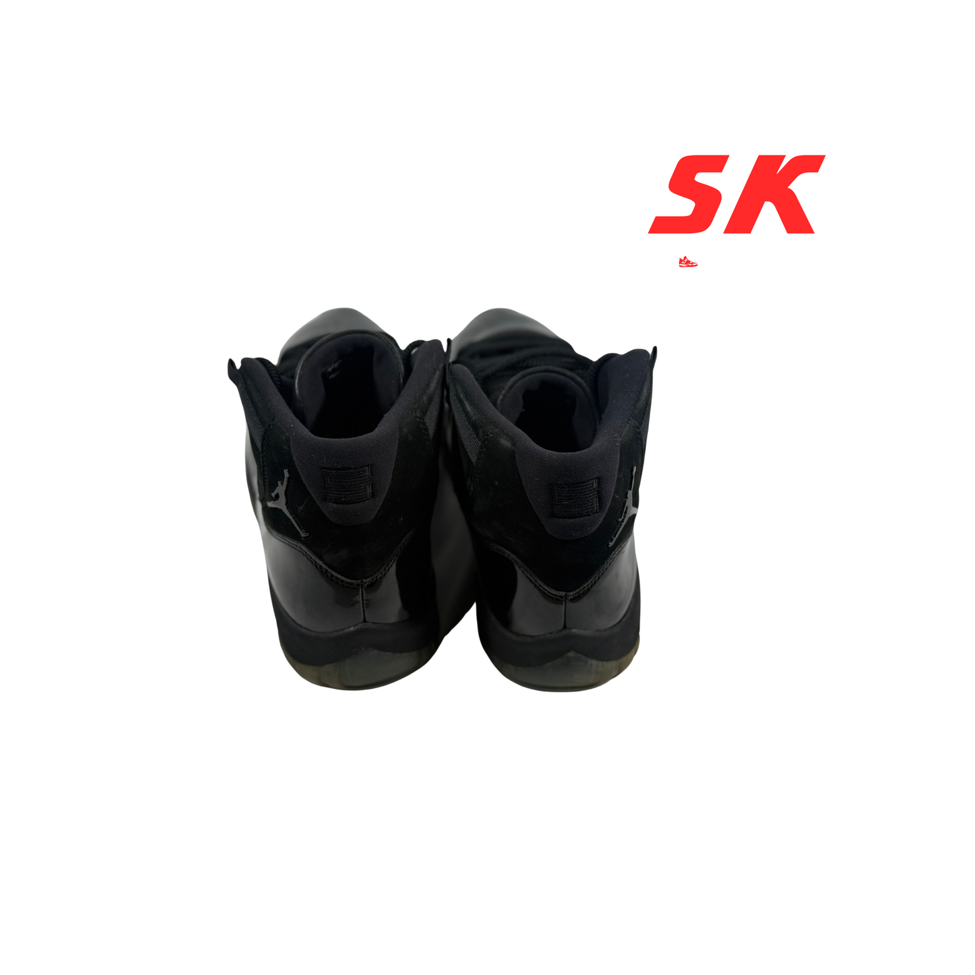 Black Air Jordan 11 sneakers, glossy patent leather, with 