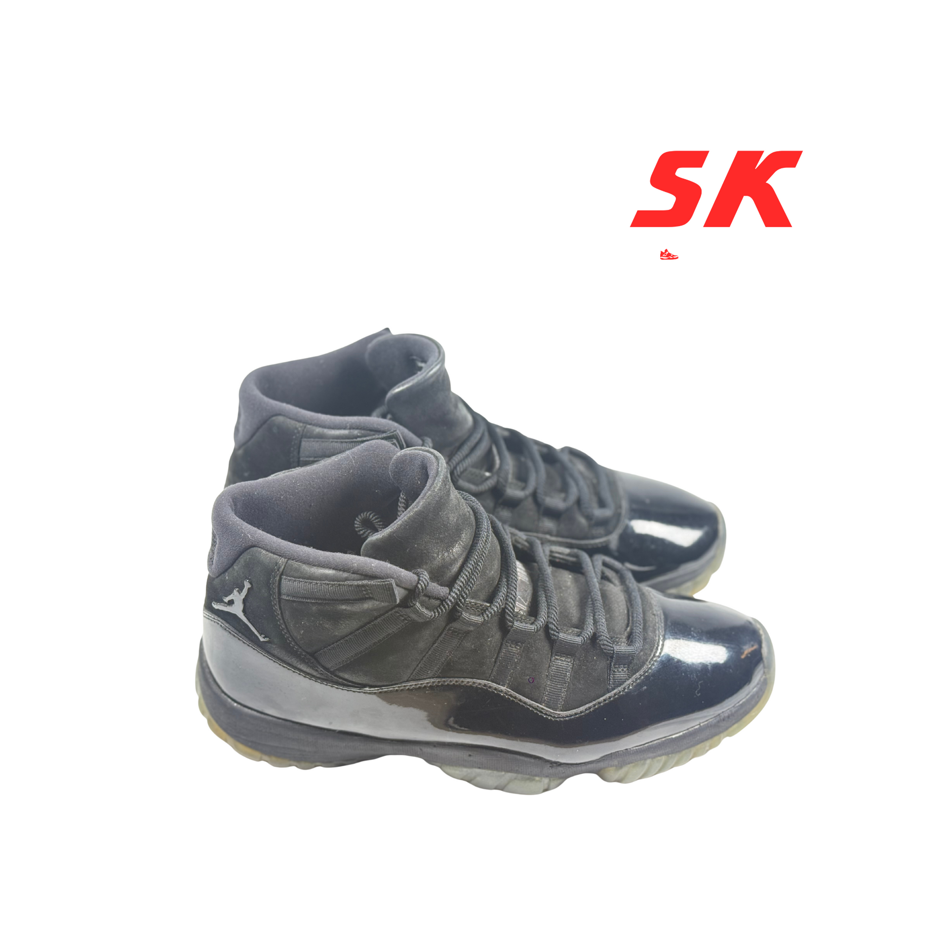 Black Air Jordan 11 sneakers, glossy patent leather, with 