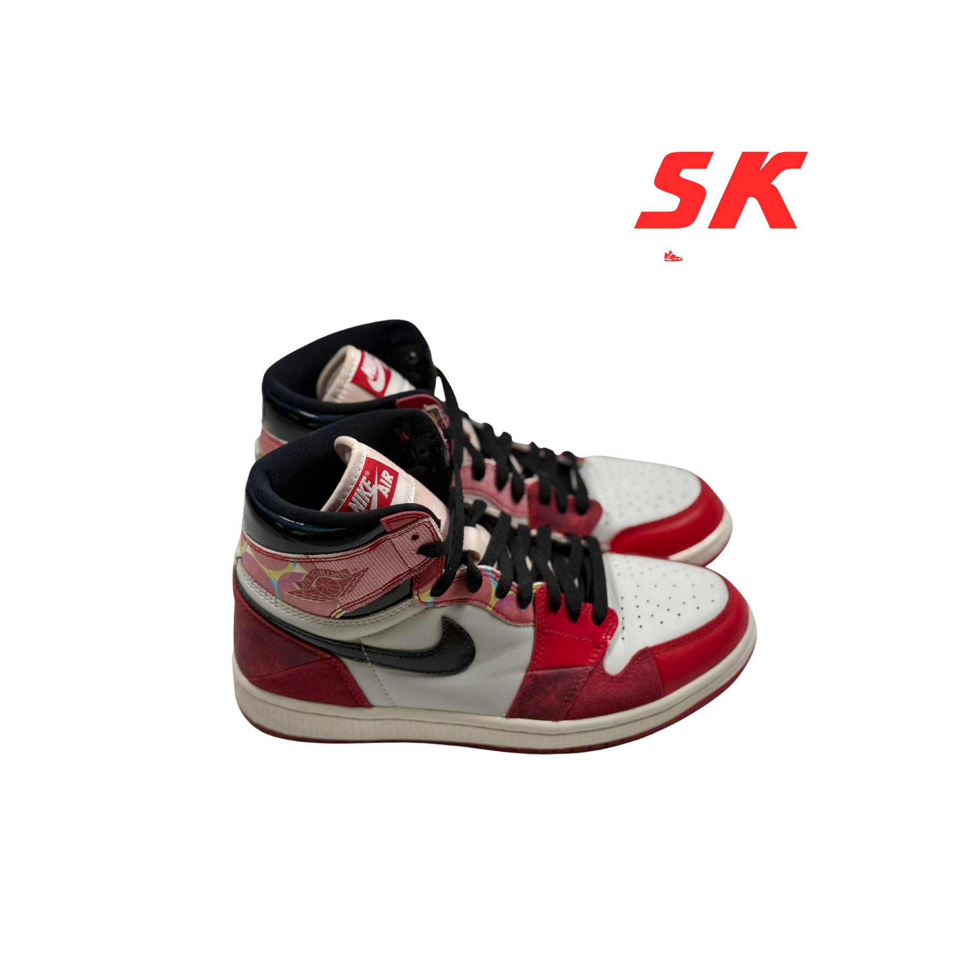 Red, white, and black Air Jordan 1 sneakers. 