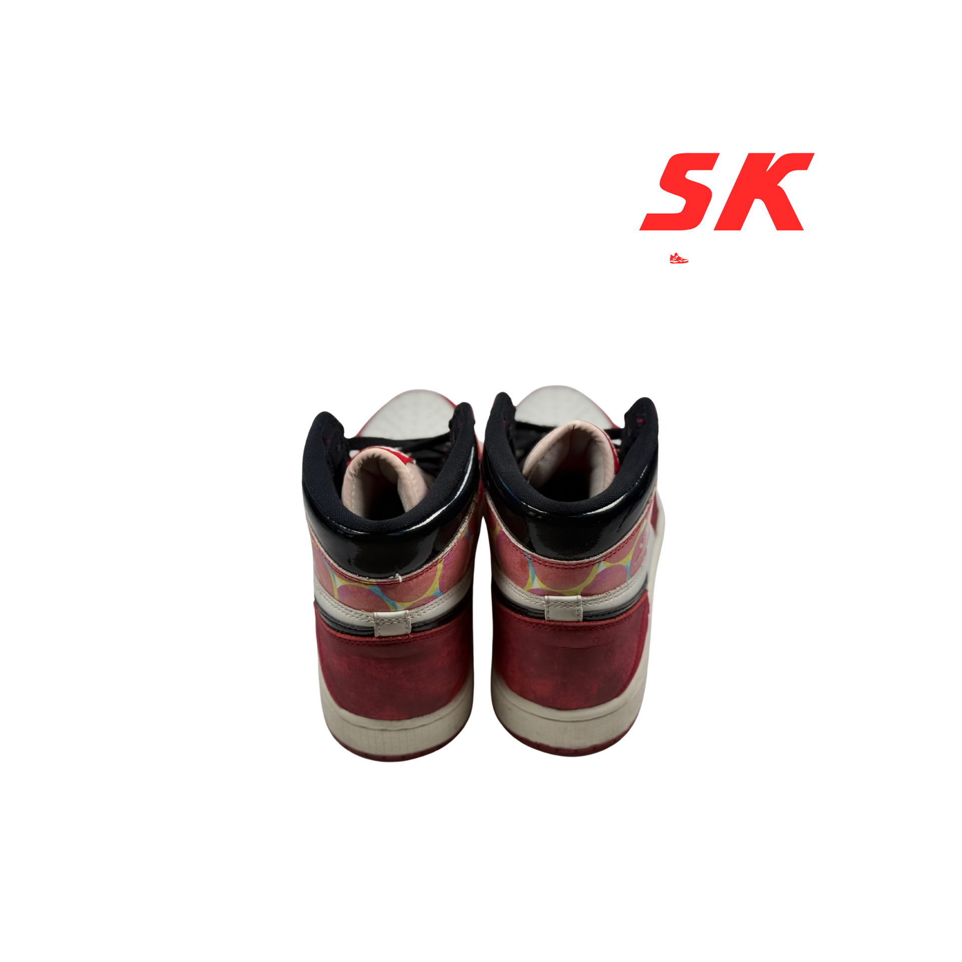 Red, white, and black Air Jordan 1 sneakers. 