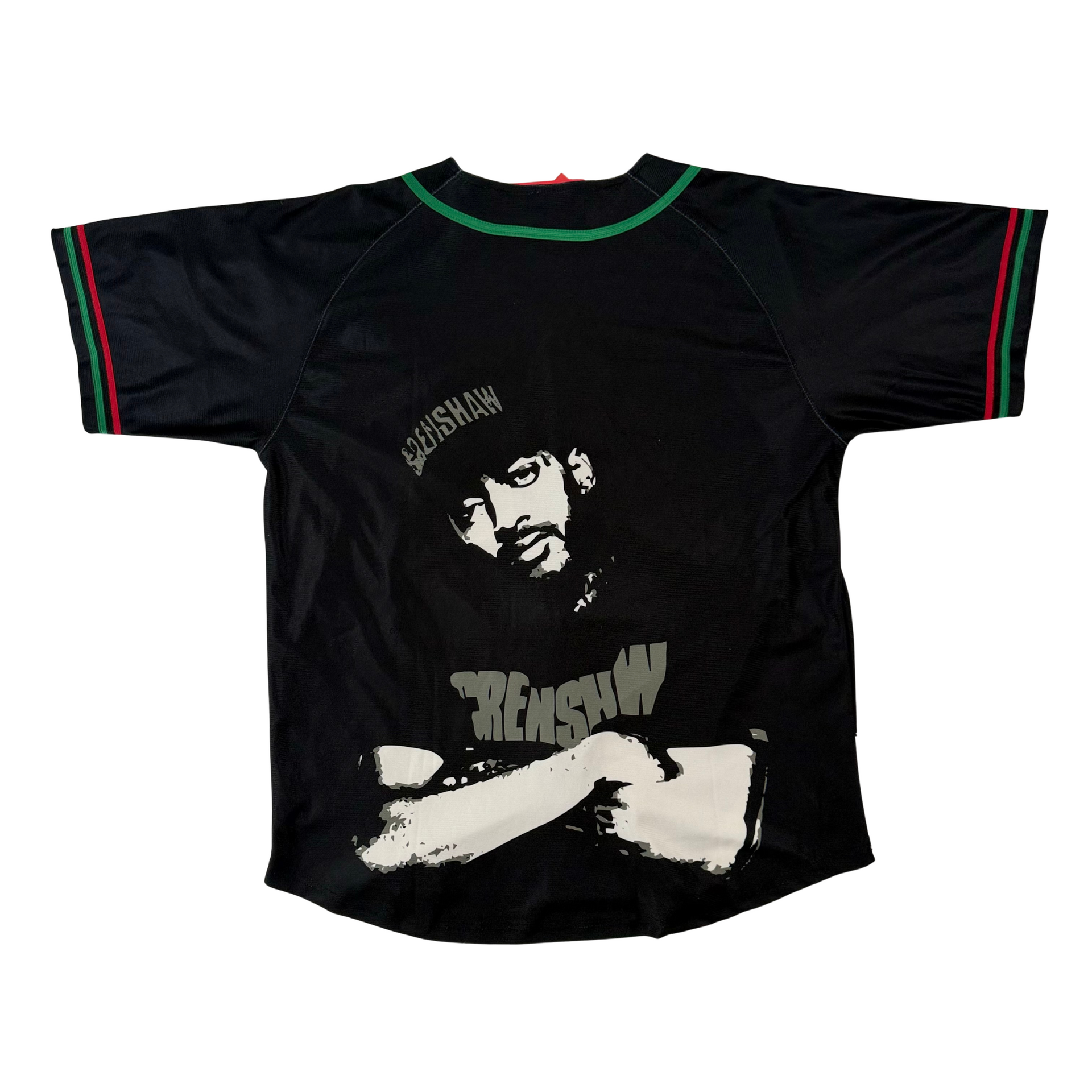 Black Crenshaw baseball jersey with red and green trim, featuring graphic design and signature.