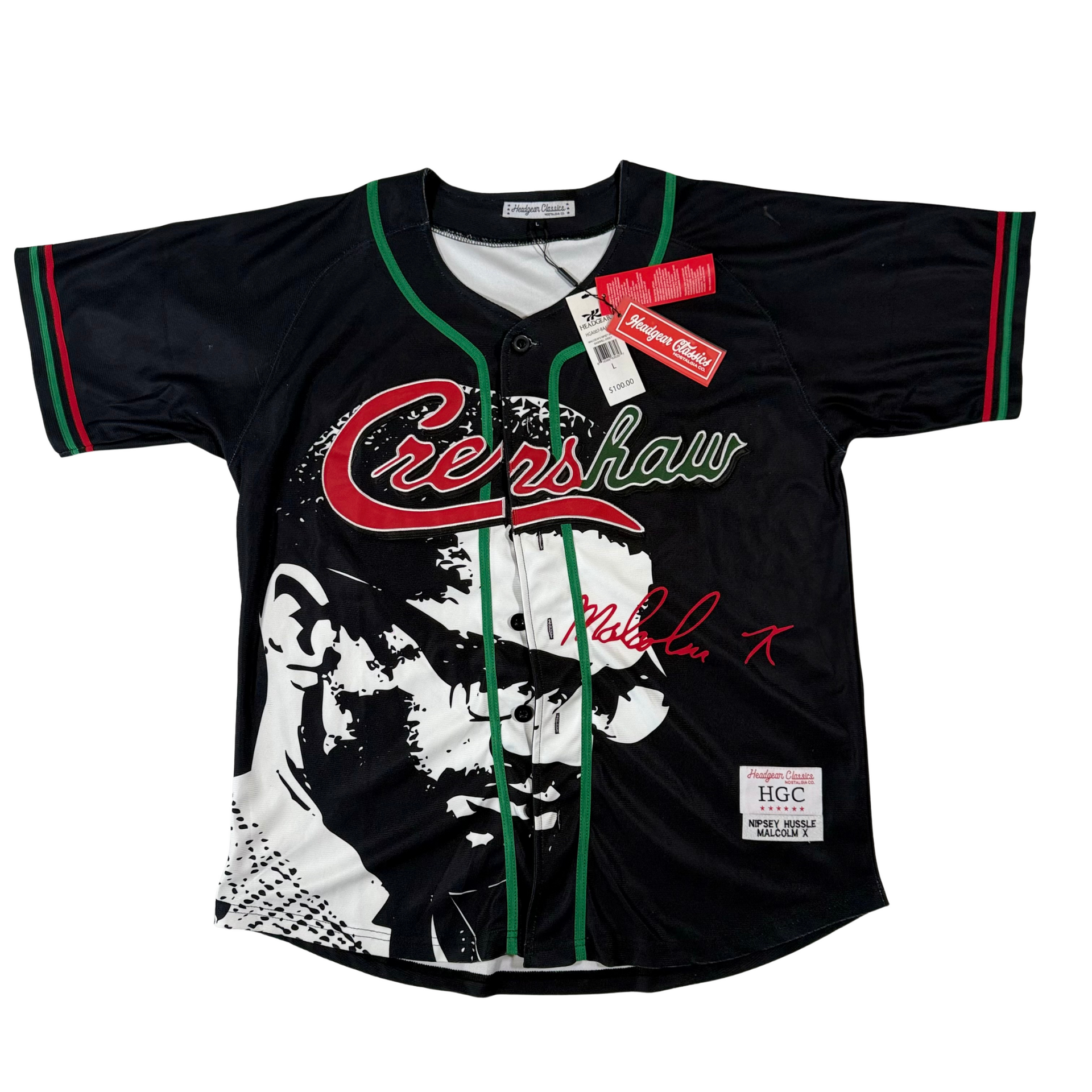 Black Crenshaw baseball jersey with red and green trim, featuring graphic design and signature.