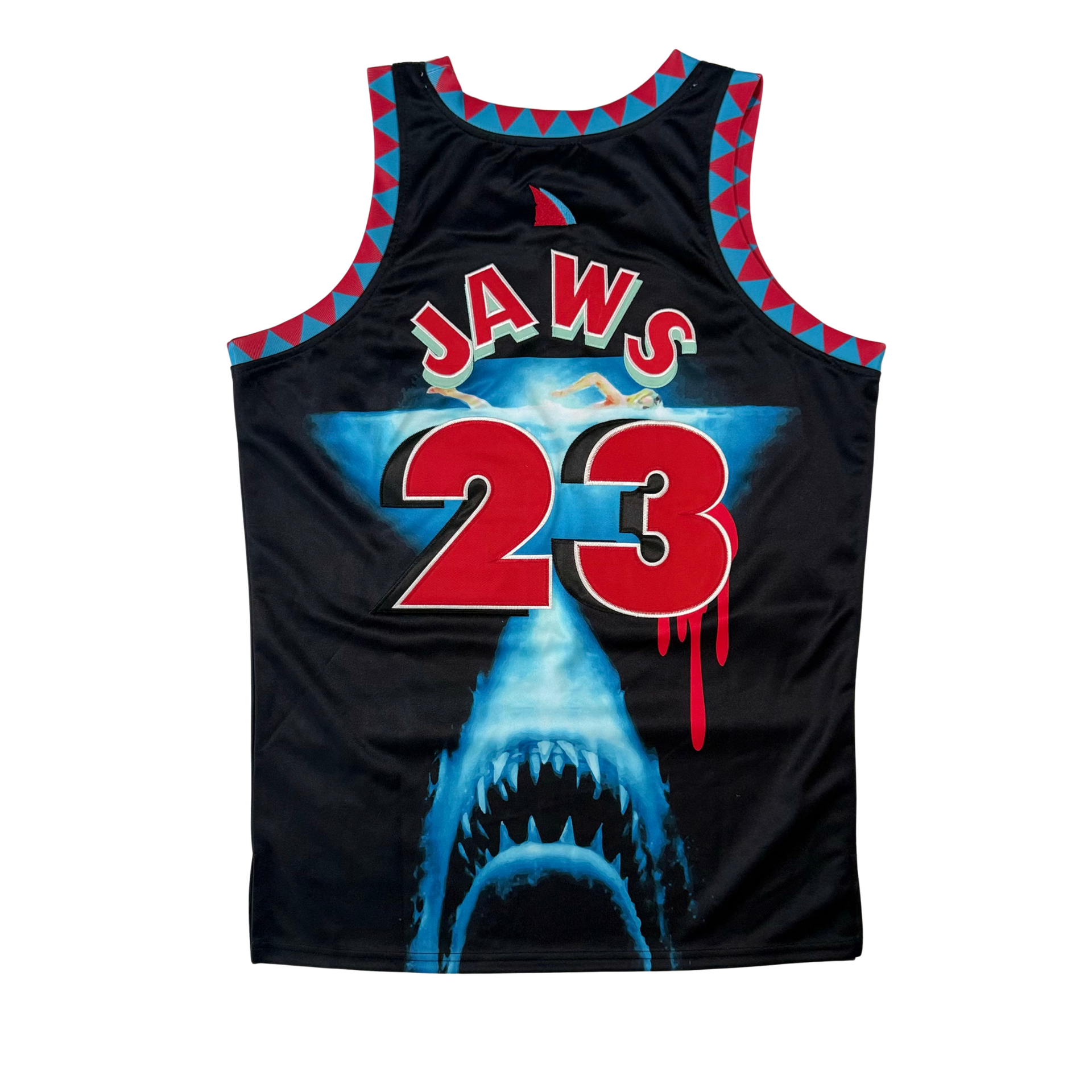 Black Jaws jersey with shark graphic, 