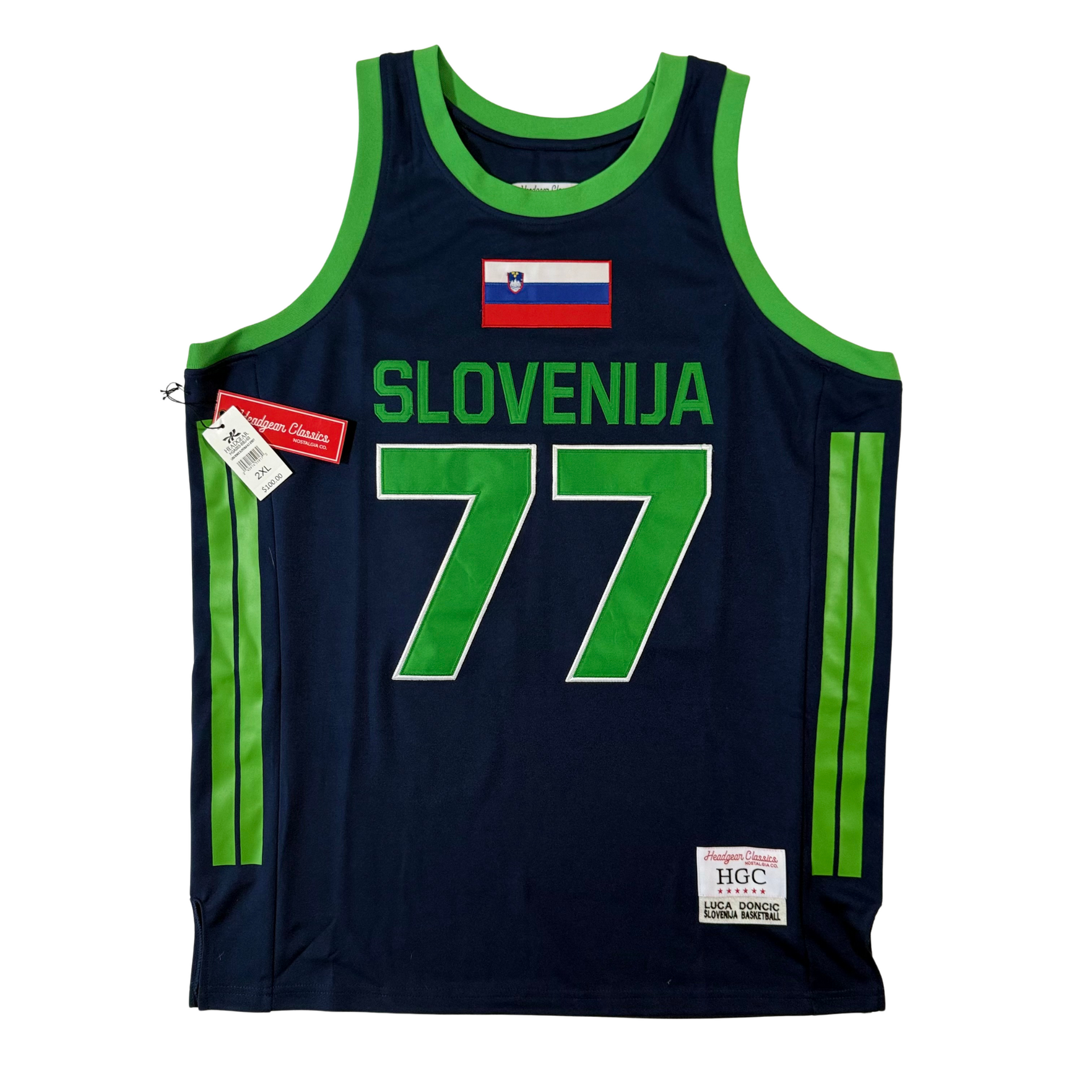 Slovenia basketball jersey, dark blue with green trim and the number 77. Includes flag graphic and 