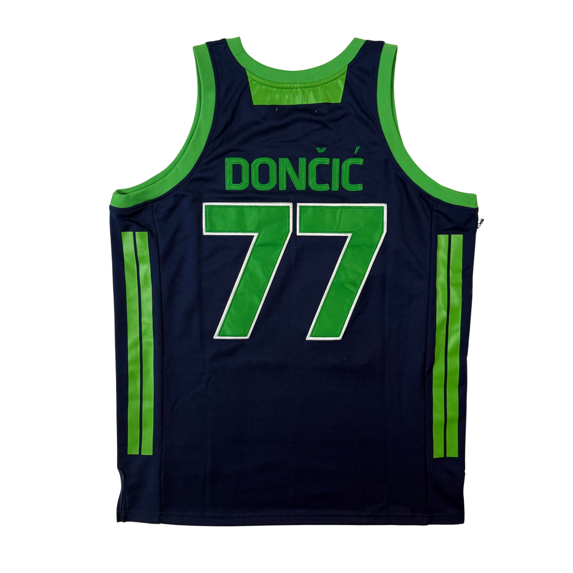 Slovenia basketball jersey, dark blue with green trim and the number 77. Includes flag graphic and 