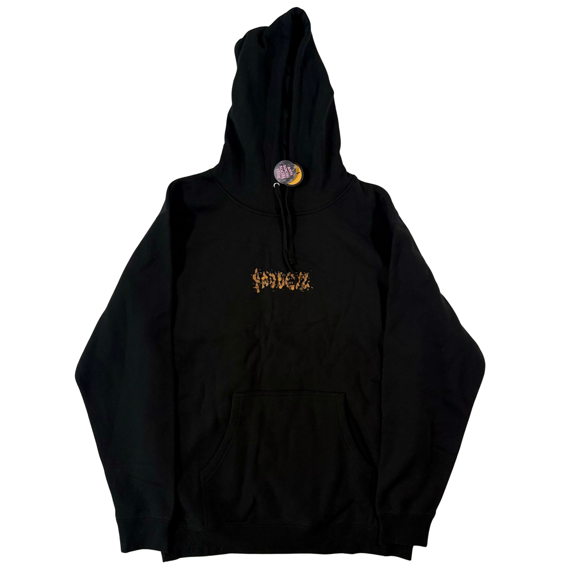Black hoodie with gold text, front pocket, hood up.