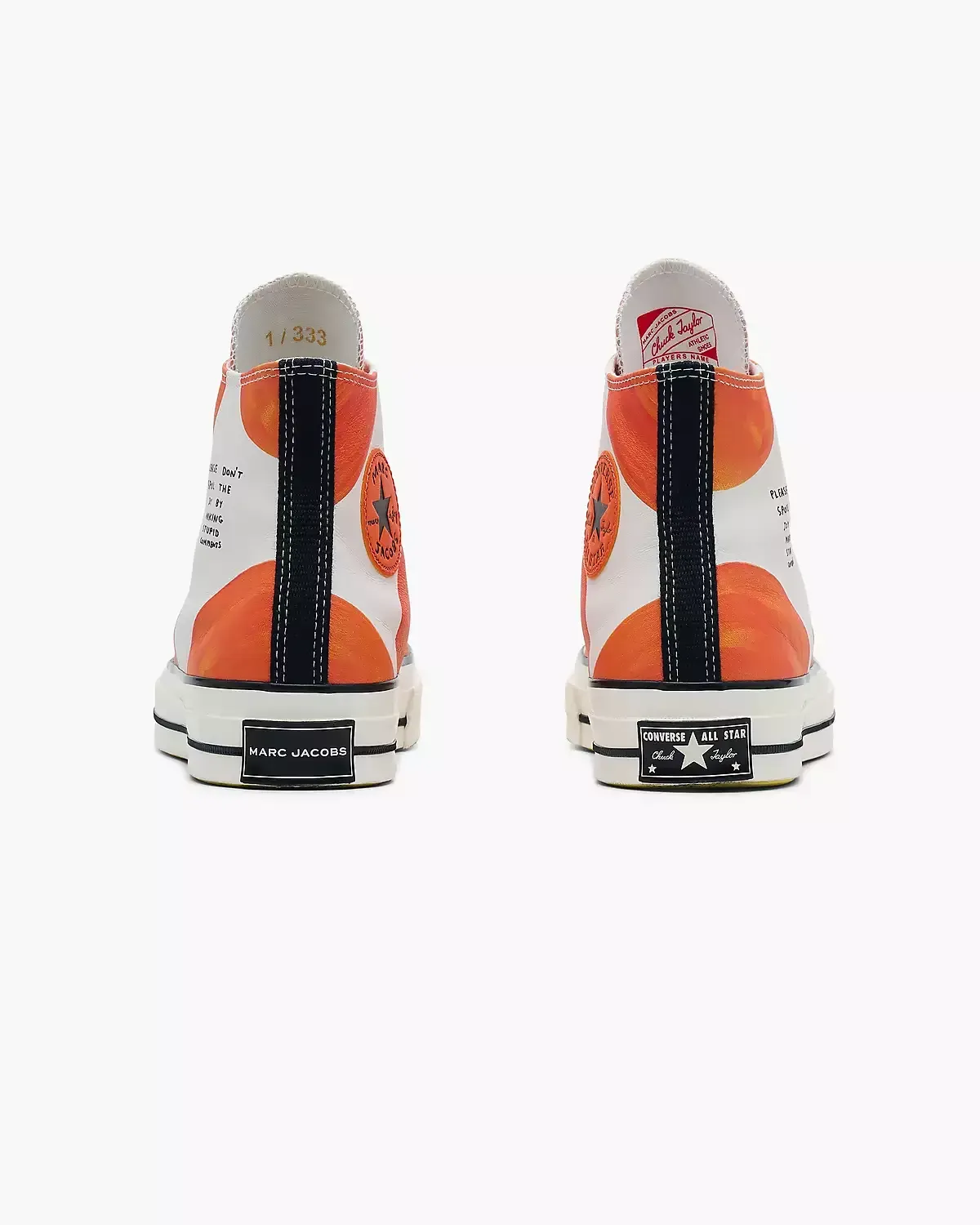 Orange and white high-top sneakers with