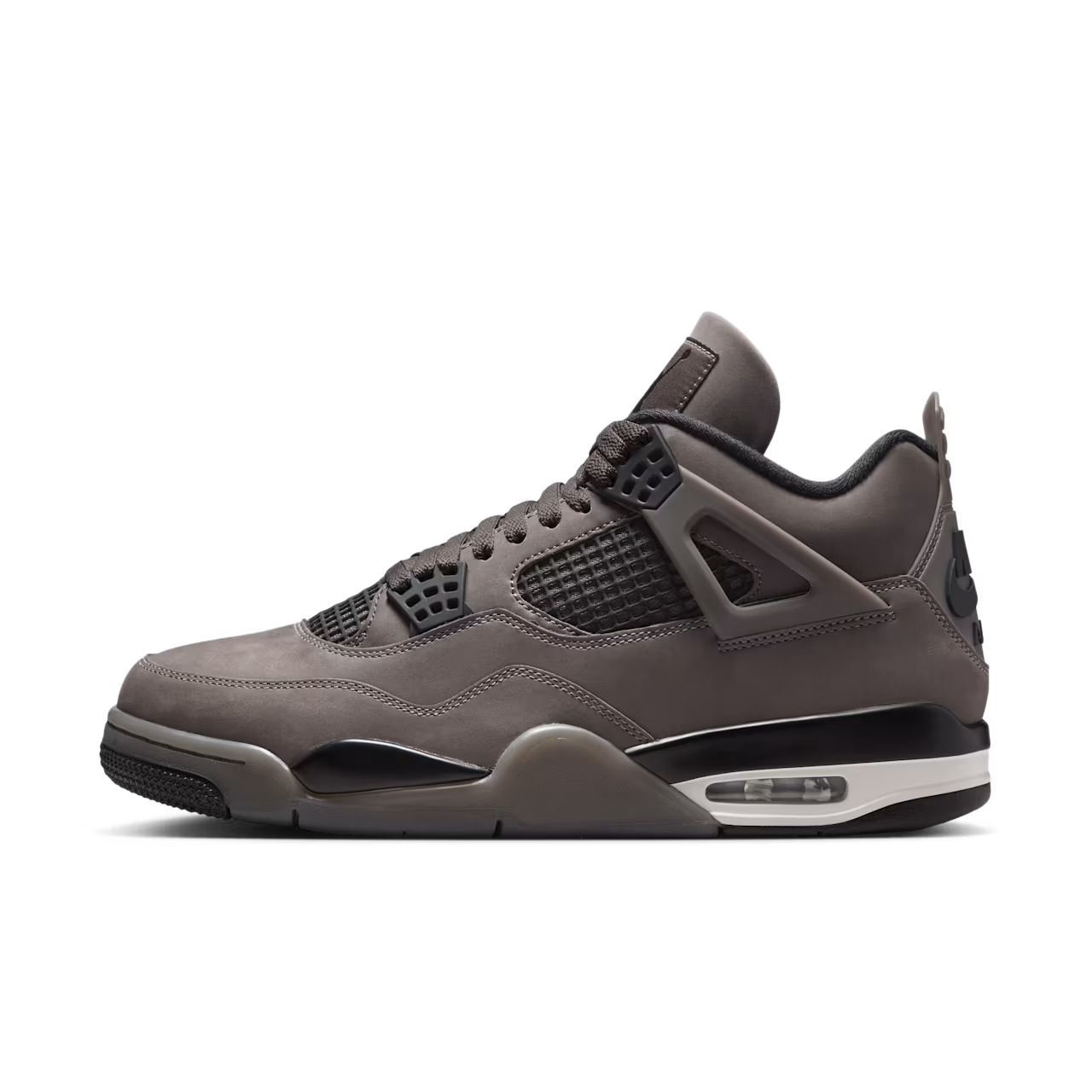 Gray and black Air Jordan 4 sneaker, side view.