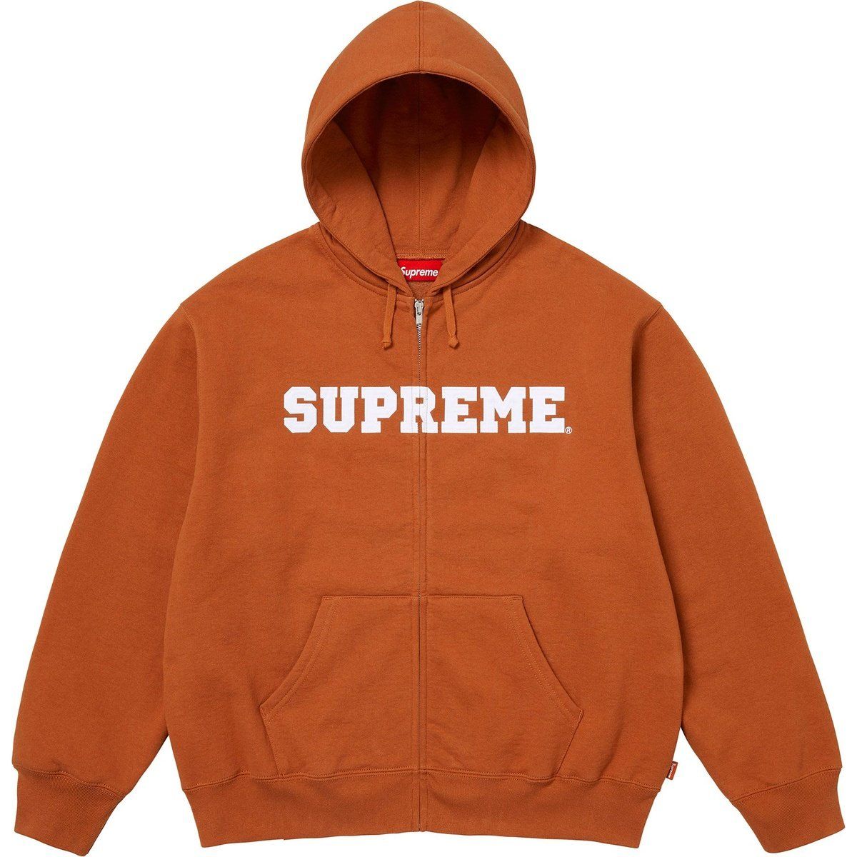 Orange Supreme zip-up hoodie with white