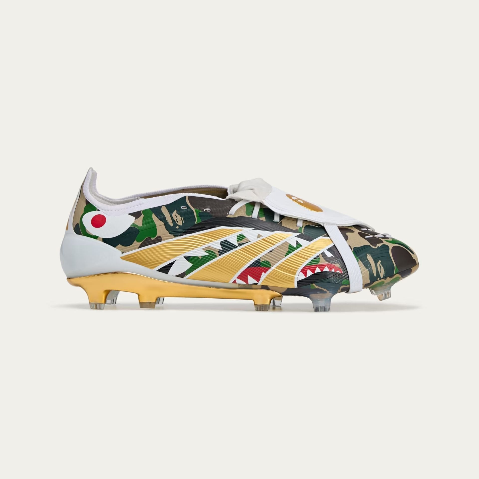 Camouflage BAPE x Reebok soccer cleats with gold accents and signature logos.