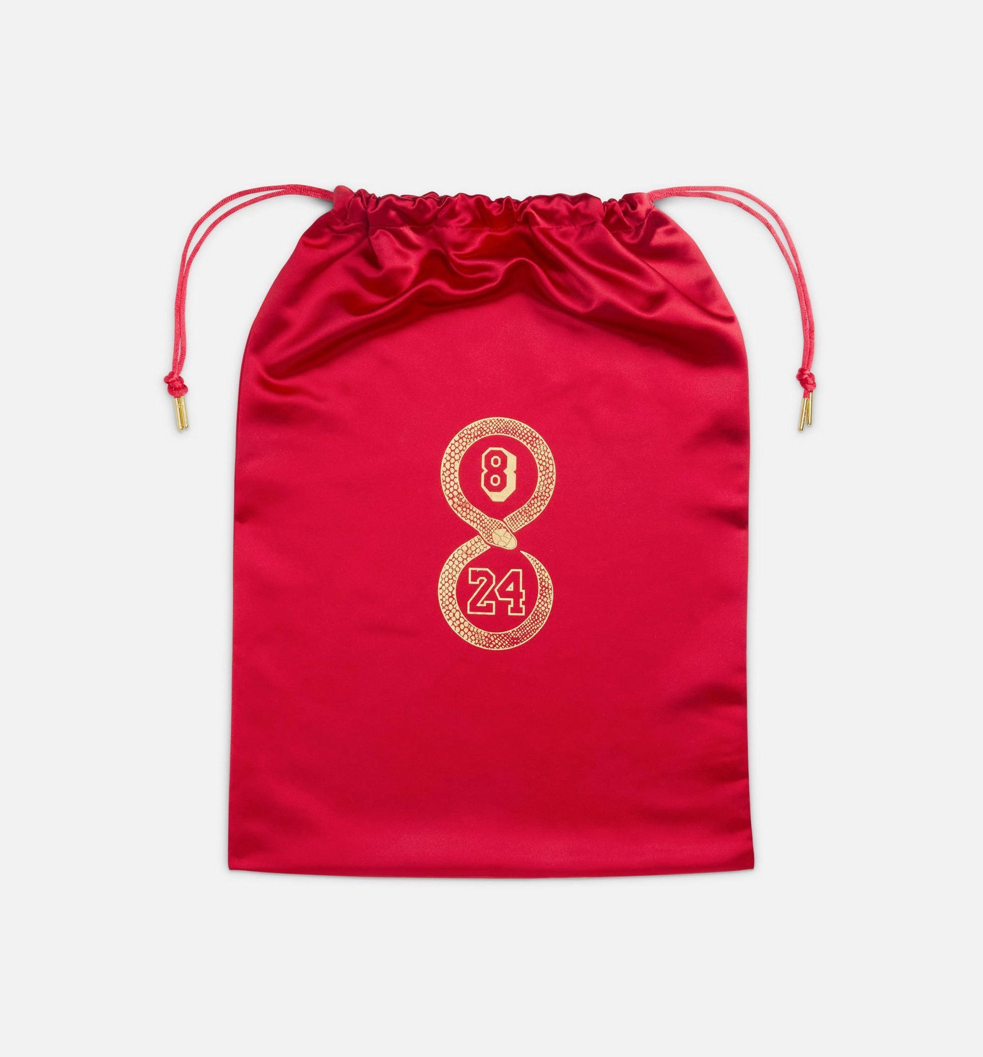 Red satin drawstring bag with gold infinity-like number