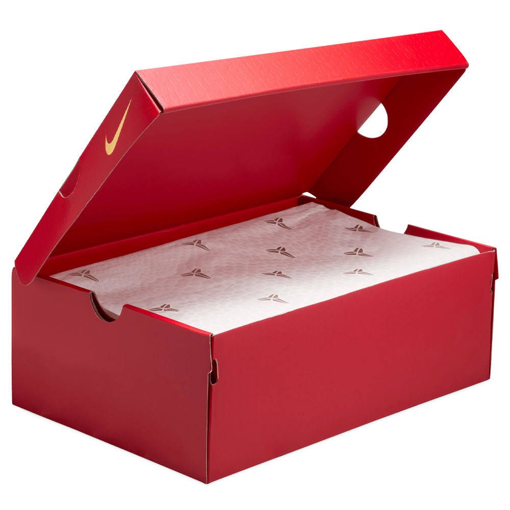 Red Nike shoe box, partially open, with tissue paper inside. Gold Nike logo on the lid.